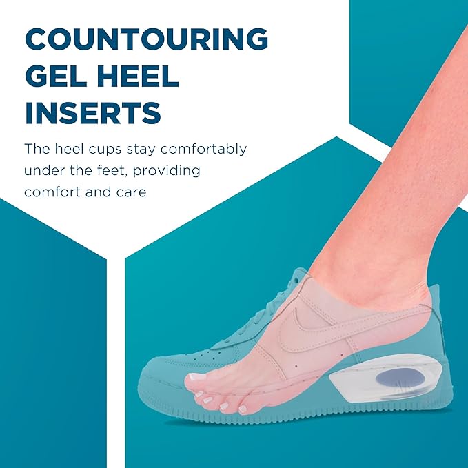 Heel Cups for Achilles Tendonitis & Plantar Fasciitis - 2 Pack Gel Shoe Inserts for Heel Pain Relief, Arch Support, for Women & Men