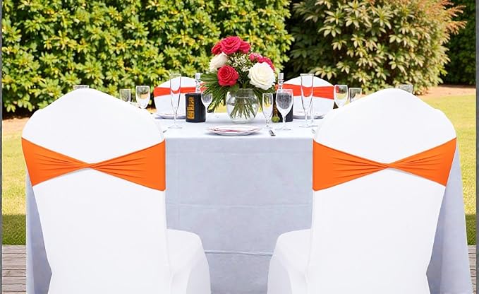 VDS Pack of 50 PCS | Orange | Spandex Chair Sashes Bows Without Buckle | Stretch Elastic Banquet Universal Folding Chair Band Tie with for Wedding Party Conference Celebration Event Decoration
