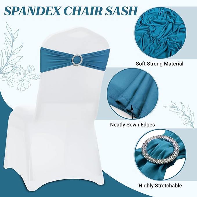 MDS Pack of 150 Spandex Chair Sashes Bows Universal fits Elastic Stretch Chair Bands Ties with Buckle Slider Bow for Wedding Decoration Spandex Slider Sashes Bow - Dark Teal