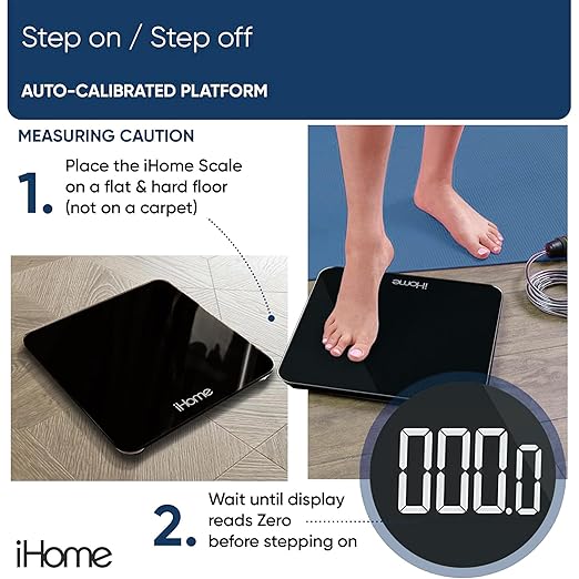 iHome Digital Scale, Bathroom Scale, Batteries Included, Scale Body Weight, Weight Scale, Bathroom Scales for Weight, Digital Scales for Body Weight (Black)