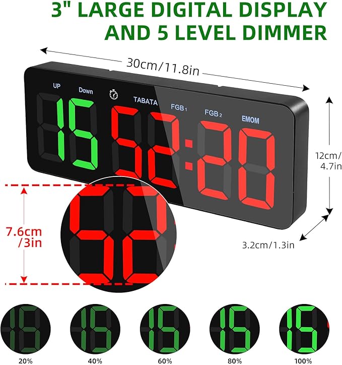 PELLOR Gym Timer Clock, Interval Timer with Function Mode Display, Countdown/UP Stopwatch Adjustable Brightness with Remote Control, 3'' Large Digits Digital Wall Clock for Home Gym Room