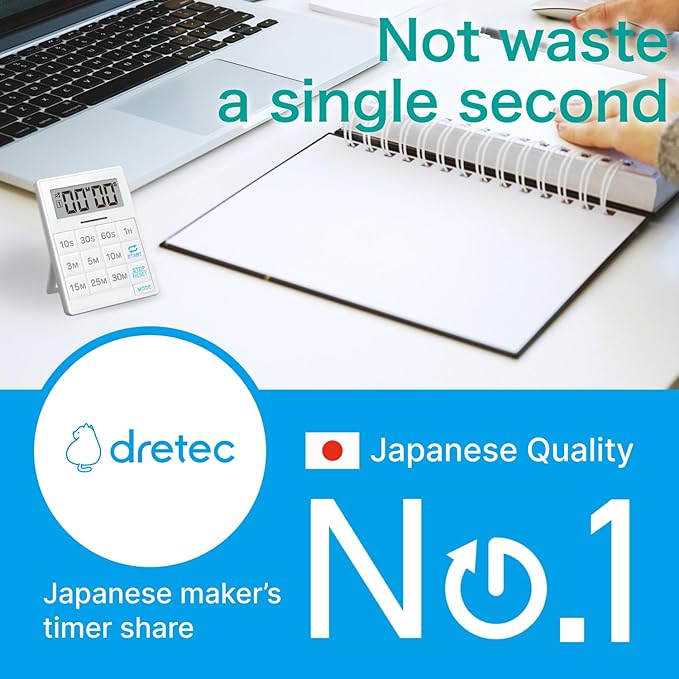 dretec One-Push Timer, Easy to Press Timer, Time-Saving, Interval, Silencing, Kitchen Timer, Digital, Magnet, Stand, Light, Study, Muscle Training, Sports, White