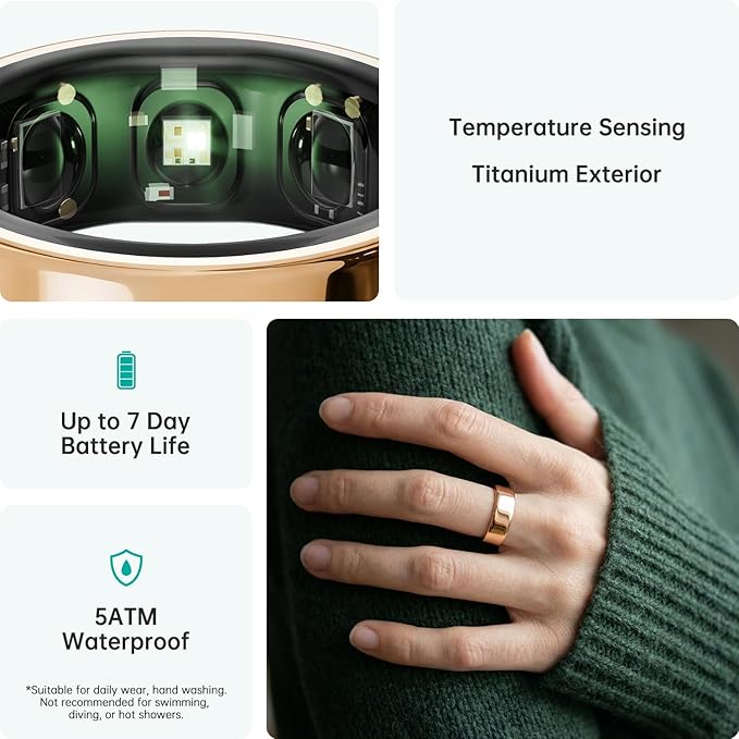 opove O Ring Smart Ring, Fitness Trackers Rings with Sleep/Stress/Heart Rate/Women's Health Monitoring, Comfortable Wearing, Up to 7 Days Using, Fitness Ring for Android & iOS, Rose Gold-Size11