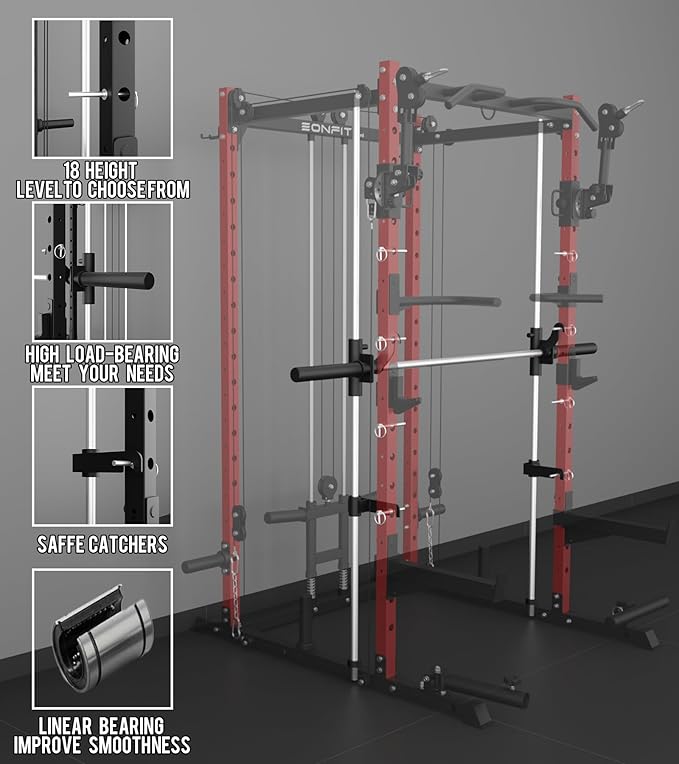 Eonfit E3 Smith Machine for Home Gym Equipment, Multi-Function Power Cage Squat Rack with Cable Crossover LAT Pulldown Pulley System All in One