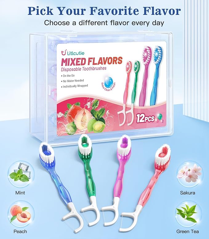 12 Pack 5 in 1 Disposable Mini Toothbrushes with Toothpaste, Floss, Pick & Tongue Scraper, Individually Wrapped, Portable Toothbrush Travel Set for Kids Adults, Mixed Flavor