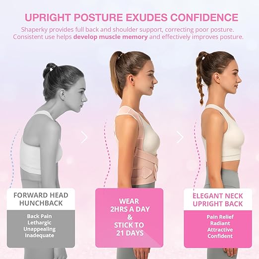 SHAPERKY Posture Corrector for Women for Support: Back Brace for Full Back Support - Adjustable Shoulder Straightener for Women and Men (Medium)