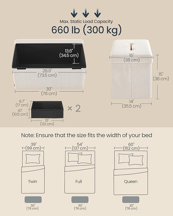 SONGMICS Storage Ottoman Bench, Storage Chest, 15 x 30 x 15 Inches, Foot Rest Stool, End of Bed Bench, Load up to 660 lb, for Living Room, Bedroom, Entryway, Cream White ULSF096W01