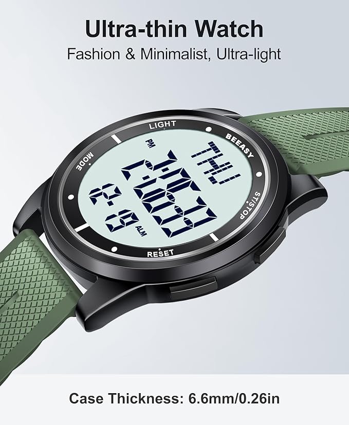 Beeasy Digital Watch for Men Women, 50M Waterproof, Ultra-Thin & Lightweight, 44mm Silicone Sports Watch with Alarm, Stopwatch, Countdown, Ideal for Gym, Running, School, Daily Wear
