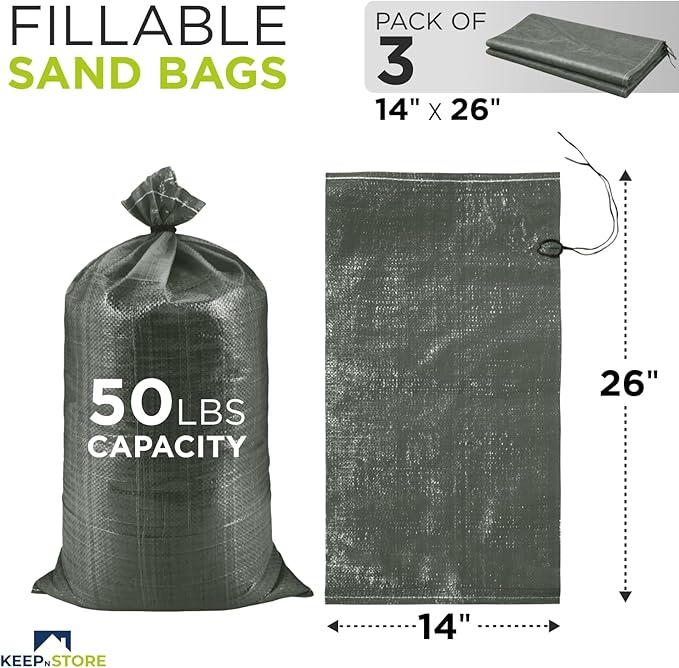 Heavy Duty Sand Bags Pack of 3, Army Green Empty Sandbags with Built-In Ties, Woven Polypropylene UV Protection 1600 Hours, Fillable Bags for Flood Control, Weight, 14x26 inches, 50 Pounds Volume