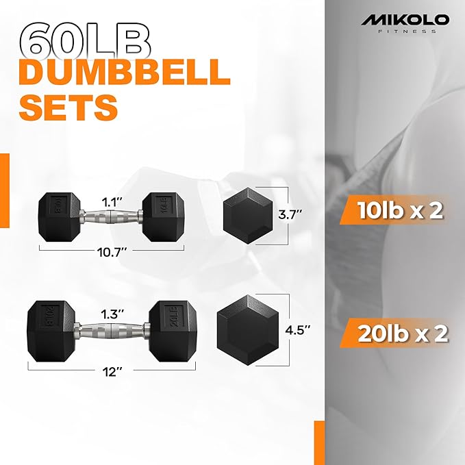 Mikolo Dumbbell Sets with Rack, Rubber Hex Dumbbells, Multiple Choices in 160/200/380/450/550LB, Hand Weights with Chrome Handle for Strength Training