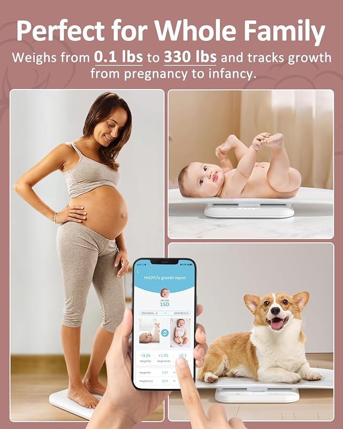 GROWNSY Smart Baby/Pet Scale,Digital Baby Weight Scale with App for Tracking Growth of Infant, Toddler,Puppy,and Cat—Supports Up to 330 lbs, with Hold Function, 27-inch Height Measurement,5 Units