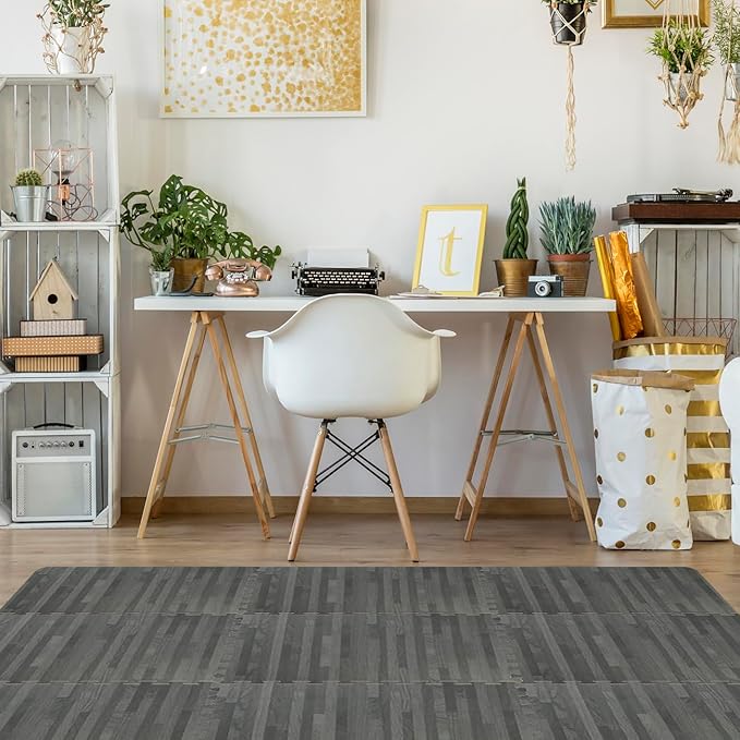 Sorbus Wood Grain Floor Tiles Foam Mat EVA Interlocking Mats Tile 3/8-Inch Thick Flooring Wood Puzzle Exercise Mats w/Borders - Home Playroom Basement, Apartment, Trade Show, Baby, Dance