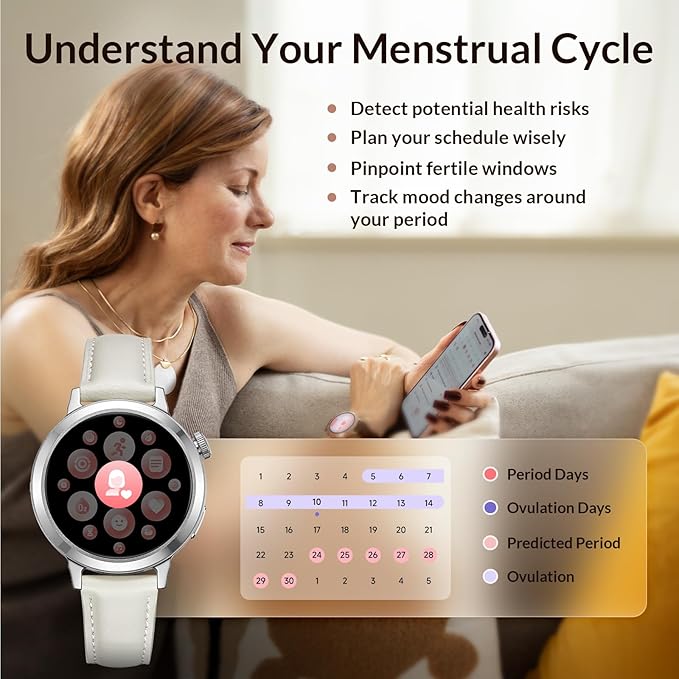 Smart Watch for Women, FANY See the Vibe 1.1'' AMOLED Ultra-clear Display with Aluminum Case & Leather Band, Fitness Tracker with Sleep/Heart Rate/SpO2/ Breathing/Step Monitor, 110+ Exercise Modes