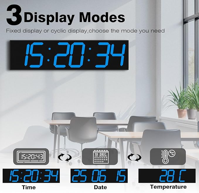 CHKOSDA Digital Wall Clock with Large Display, 28.4‘’LED 6-Digit Large Digital Clock with Adjustable Brightness, Multifunction Gym Clock with Countdown,Stopwatch and Workout Interval Timing (Blue)