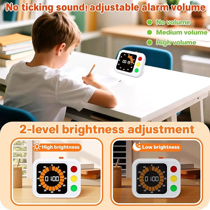 PHILORN Digital Visual Timer for Kids, with Coloured Progress bar, 60-Minute Countdown and Adjustable Volume and Brightness for Calm Transitions, Classroom & Home Kitchen Cooking Baking