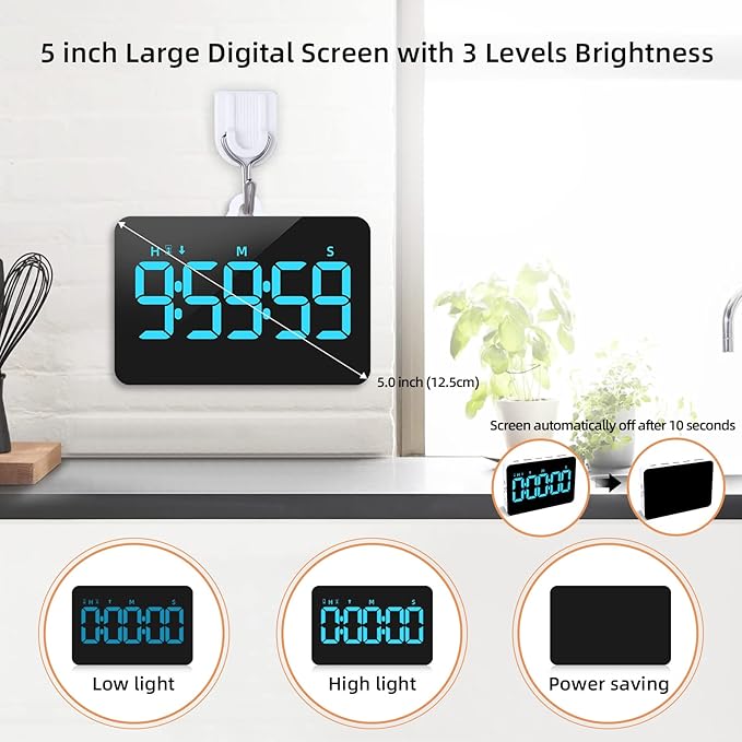 Rechargeable Digital Kitchen Timer for Cooking, Magnetic Timers with Countdown/up, Kids Timer with 5”LED Display 3 Brightness 4 Volume Adjustable for Classroom/Office/Home/Work/Fitness/Game（Blue）