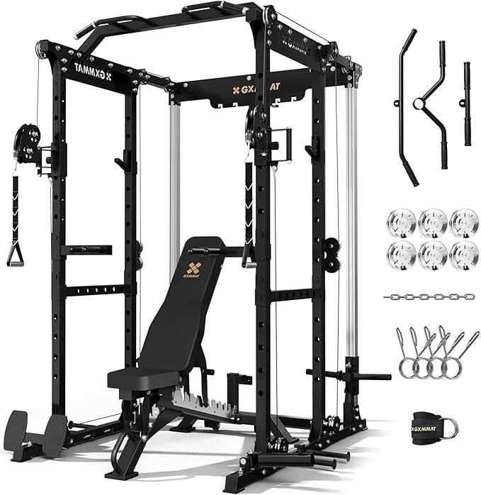 Gxmmat X6 Power Cage, 2200LB Multi-Function Power Rack with Independent Dual Aluminum Pulley System, Squat Rack for Home Gym Strength Training Equipment, Heavy-Duty Steel Construction