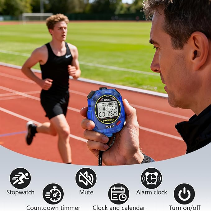 Stopwatch Timer 10 Splits/Laps Digital Stop Watch for Sports, Countdown Alarm Clock Date Memory Recall Large Display, Stopwatch for Coaches PE-Teacher Referee (Blue, 10 Splits/laps)