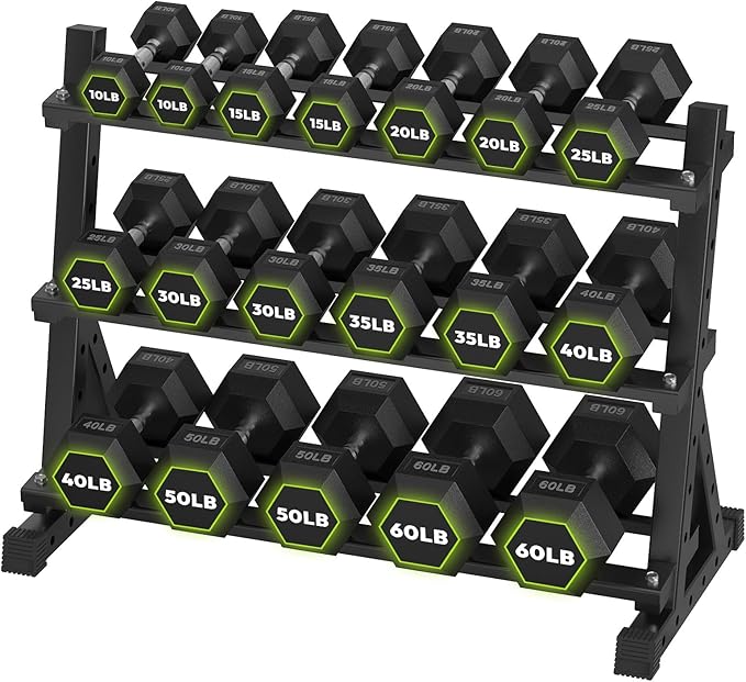 HANDBODE Hex Dumbbell Set with Rack, 300-840 lb Rubber Coated Fixed Weights Sets with Heavy Duty Storage Stand, Hexagon Shape for Stable Placement, Home Gym Equipment for Strength Training