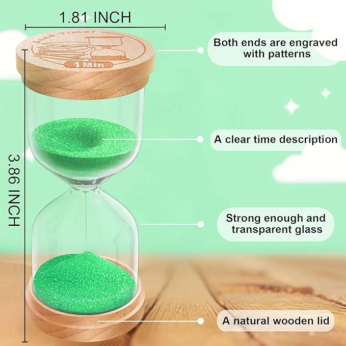 1 Minute Sand Timer, Wooden Hourglass Sand Clock, Small Beech Wood 1 Min Hour Glass, One Minutes Sandglass for Brushing Teeth, Reloj De Arena, Classroom, Game, Kitchen, Home, Office