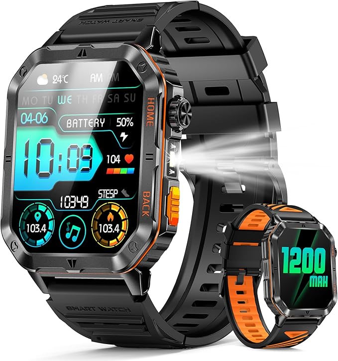 Military Smart Watches for Men, 2.01" HD Screen, 30-Day Battery, 5ATM Waterproof, LED Flashlight, Heart Rate & Sleep Monitor, 110+ Sports Modes, 2 Watch Bands, Android iOS