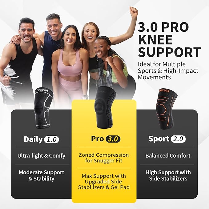 CAMBIVO 2 Pack Knee Brace for Men and Women, Knee Sleeves for Men with Patella Gel Pad and Side Stabilizers, Knee Compression Sleeves for Knee Pain Relief, Running, Workout, Daily Use