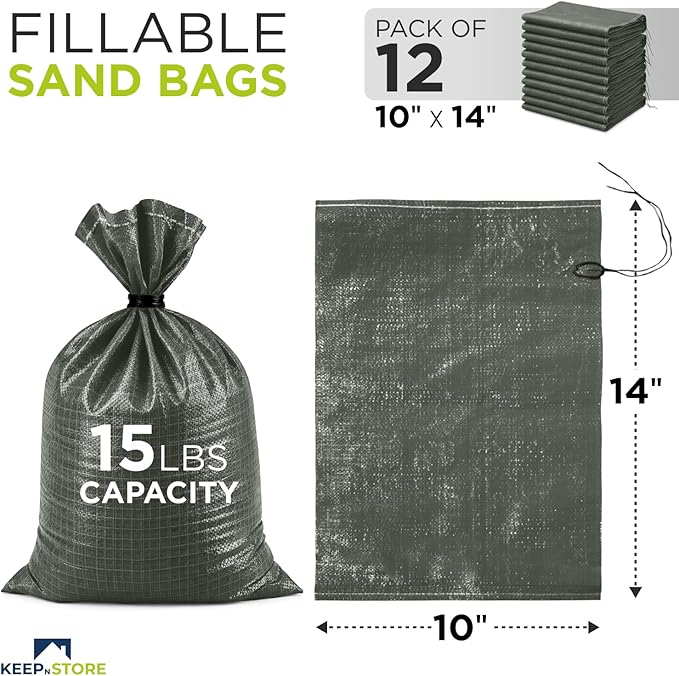 Heavy Duty Sand Bags Pack of 12, Army Green Empty Sandbags with Built-In Ties, Woven Polypropylene UV Protection 1600 Hours, Fillable Bags for Flood Control, Weight, 10x14 inches, 15 Pounds Volume