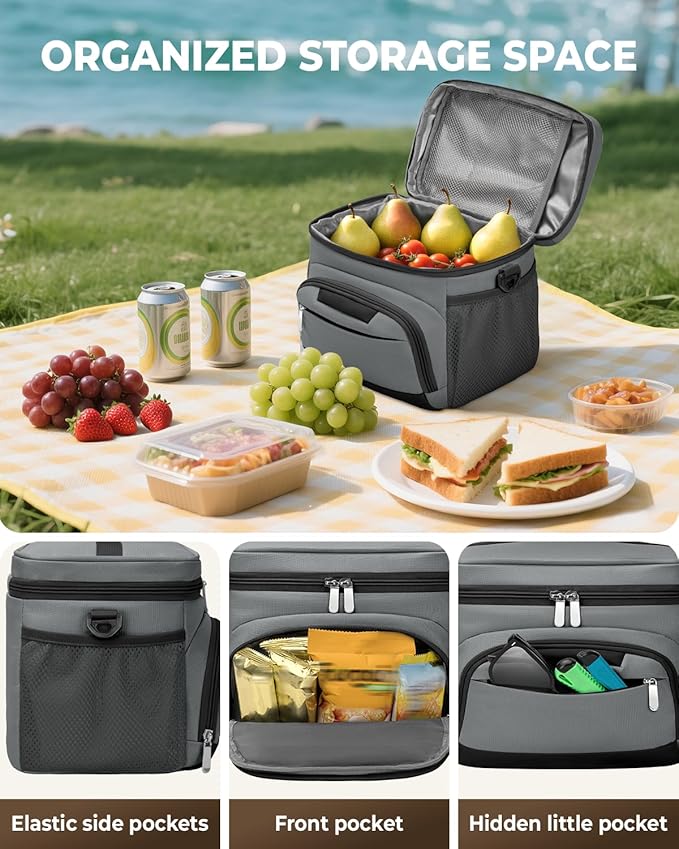 Lunch Boxs for Women/Men Insulated Lunch Bag,Leakproof Lunchbox with Adjustable Shoulder Strap for Adults,Soft Cooler Tote Bag for Office Fitness Picnic Beach Travel - Grey 12-Can(8L)