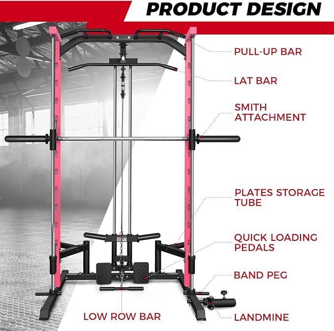 RitFit Smith Machine Power Rack with LAT-Pull Down System, Landmine, Barbell Bar, Plate Storage Pegs and More Training Attachment