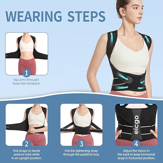 Posture Corrector,Suitable for Men and Women Upper and Lower Back Pain Relief - Scoliosis, Hunchback, Eicgo Adjustable Posture Corrector belt,Comfortable and Breathable Back Straightener (Black, Large)