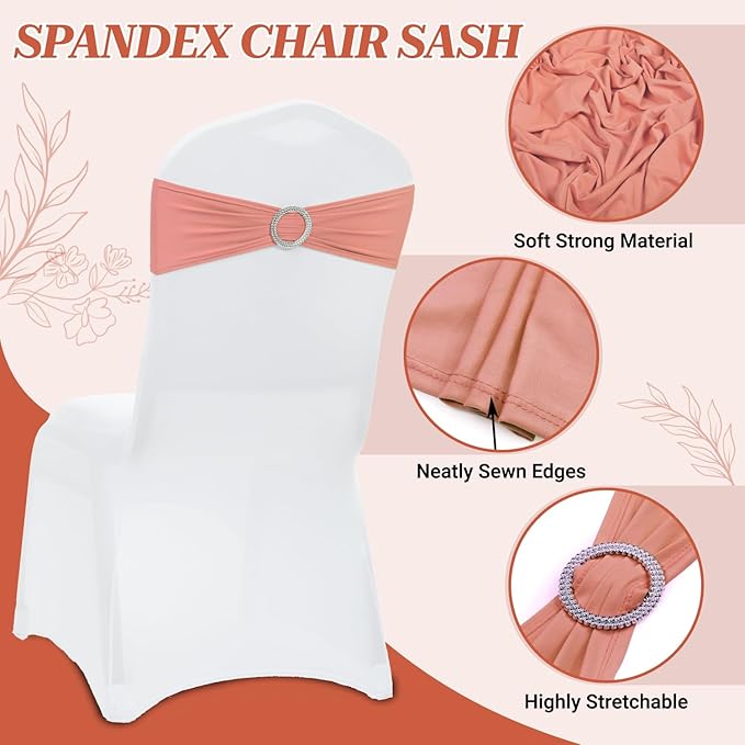 MDS Pack of 75 Spandex Chair Sashes Bow Premium Stretch Chair Cover Band with Buckle Slider Universal fits Elastic Dining Chair Ties for Wedding Party Banquet Events Decoration - Coral Peach
