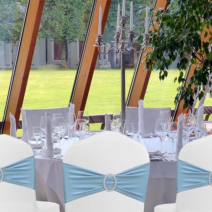 50 Pack Baby Blue Chair Sashes, Blue Spandex Chair Bands for Wedding Gender Reveal Party Decor, Baby Blue Bows for Folding Chairs