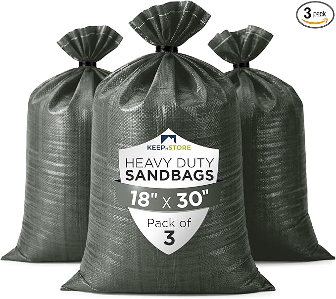 Heavy Duty Sand Bags Pack of 3, Army Green Empty Sandbags with Built-In Ties, Woven Polypropylene UV Protection 1600 Hours, Fillable Bags for Flood Control, Weight, 18x30 inches, 75 Pounds Volume