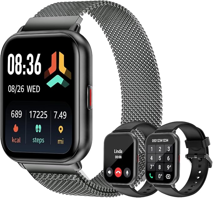 Smart Watches for Women Men (Answer/Make Calls, 3 Bands), 1.85" Fitness Tracker Watch for iPhone/Android Phones with Heart Rate Monitor Sleep/Steps Tracker 100+ Sports Pedometer Waterproof (Black)