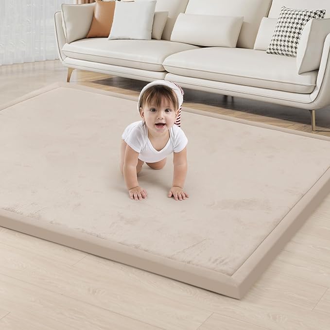ACOMOPACK Baby Play Mat for Floor 1.3" Thick Memory Foam Play Mat 79"×157 Tummy Time Crawling with Non-Slip Bottom for Living Room,Nursery,Soft Velvet Playpen Mats for Kids,Infants（Beige）