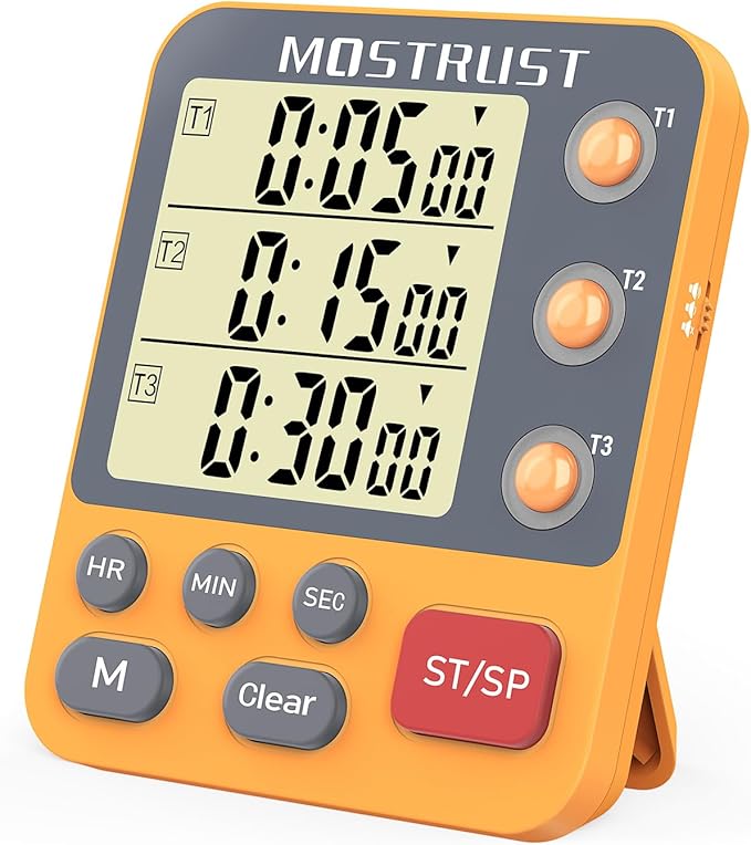 Digital Dual Kitchen Timer, 3 Channels Countdown Triple Timer for Cooking, Magnetic Memory-Preset Large Display Adjustable Alarm Volume, Multi Times Management, 3A Battery Included, Orange