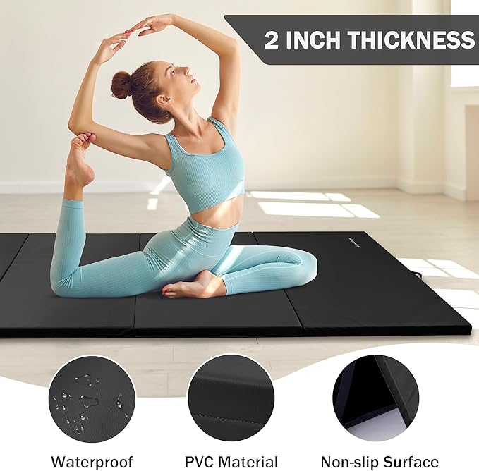 Fitvids Folding Exercise Gymnastics Mat 4'x8'x2" Gym Workout Mat with Carrying Handles High-Density Portable Fitness Aerobics Mats for Home Gym Yoga Pilates Tumbling MMA Core Training, Multiple Colors