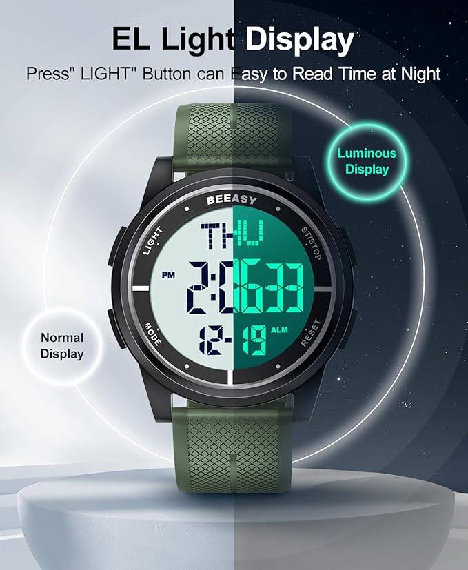 Beeasy Digital Watch for Men Women, 50M Waterproof, Ultra-Thin & Lightweight, 44mm Silicone Sports Watch with Alarm, Stopwatch, Countdown, Ideal for Gym, Running, School, Daily Wear