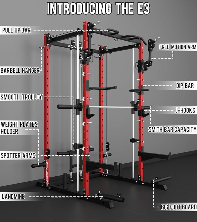 Eonfit E3 Smith Machine for Home Gym Equipment, Multi-Function Power Cage Squat Rack with Cable Crossover LAT Pulldown Pulley System All in One