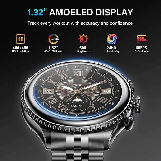 2026 Rotating Bezel Smart Watch for Men with Bluetooth Call, Heart Rate, Blood Pressure, SpO2, Sleep Monitor, Waterproof Round Watch with Encoder Knob, 1.32" AMOLED Display, Compatible Android and iOS