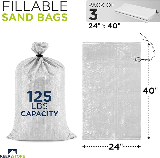 Heavy Duty Sand Bags Pack of 3, White Empty Sandbags with Built-In Ties, Woven Polypropylene UV Protection 1600 Hours, Fillable Bags for Flood Control, Weight, 24x40 inches, 125 Pounds Volume