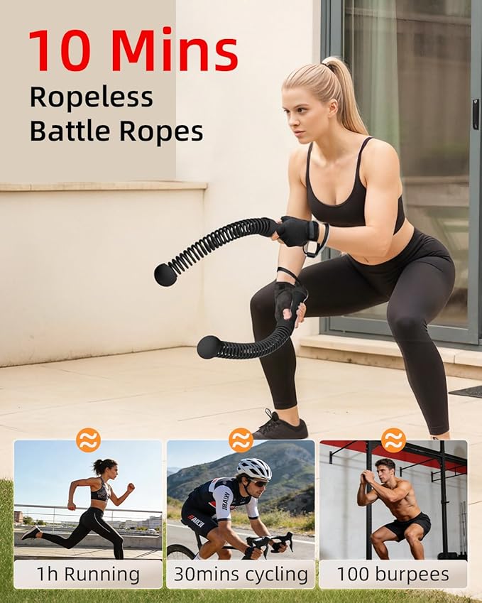 Abahub Weighted Ropeless Battle Rope, Portable Silent Home Workout Equipment, Space Saving Home Gym with Workout Gloves, HIIT and Low-Impact Aerobic Training for Men & Women, 2PCS Black
