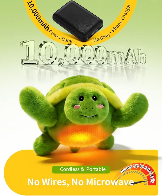 Heating Pad for Period Cramps Turtle Plush Toy Heated Stuffed Animal for Muscle Pain Portable Cordless with 10000mAh Power Bank 5 Temperature Settings with Auto Shut-Off Cute Gifts for Women Girls