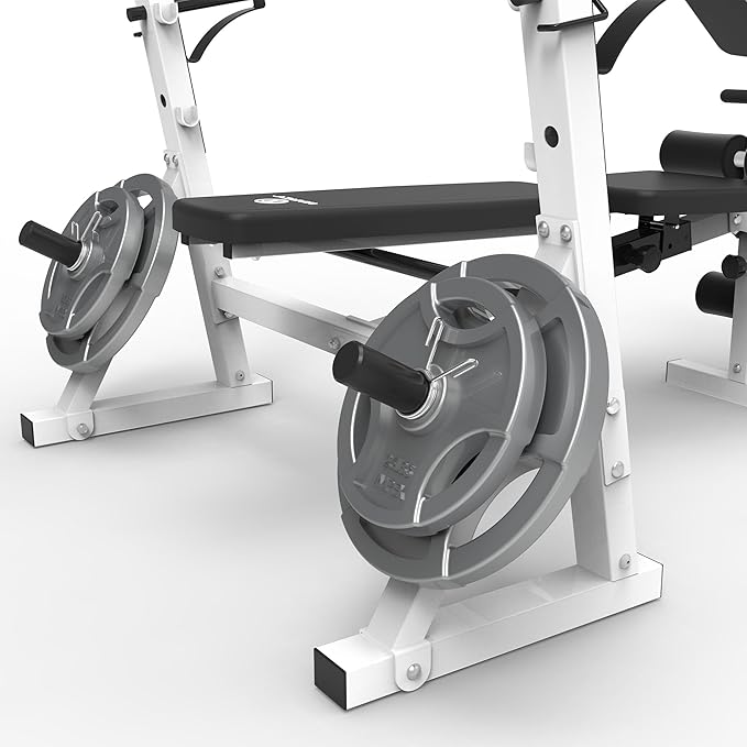 Marcy Olympic Workout Bench for Home Gym Strength Training Equipment with Preacher Curl Pad and Weight Rack Storage, White/Black