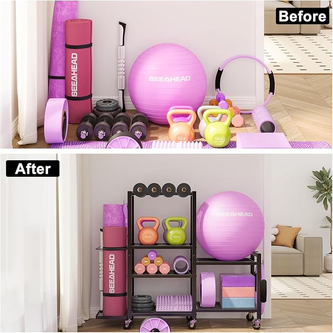 6-Tier Home Gym Storage Rack with Wheels, Dumbbell Weight Rack and Yoga Mat Organizer, Multi-Purpose Gym Equipment Storage Stand for Home Gym Accessories