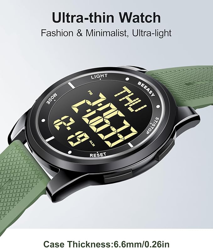 Beeasy Digital Watch for Men Women, 50M Waterproof, Ultra-Thin & Lightweight, 44mm Silicone Sports Watch with Alarm, Stopwatch, Countdown, Ideal for Gym, Running, School, Daily Wear
