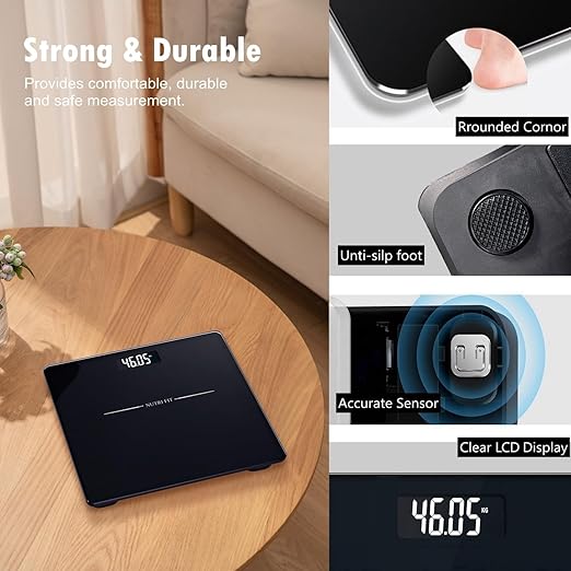 NUTRI FIT Digital Bathroom Scale for Body Weight Loss Watchers Electri Scales, 50g/0.1lb Discrepancy, Clear Backlit LCD Display and Step-On Techhology, 2*AAA Batteries Included, 330lb/150kg, Jet Black
