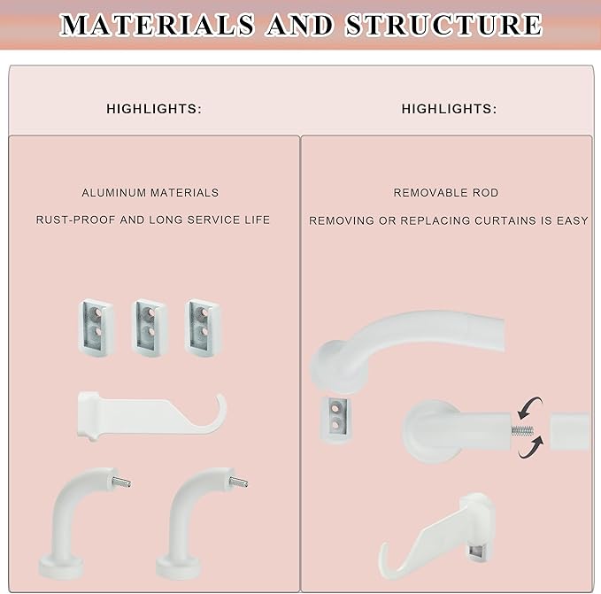 Matte White Curtain Rods for Windows 48-88",1 Inch Disc Wrap Around Curtain Rod with Aluminum Finials and Brackets,No Screw Disassembly Adjustable Blackout Curved Room Darkening Curtain Rod