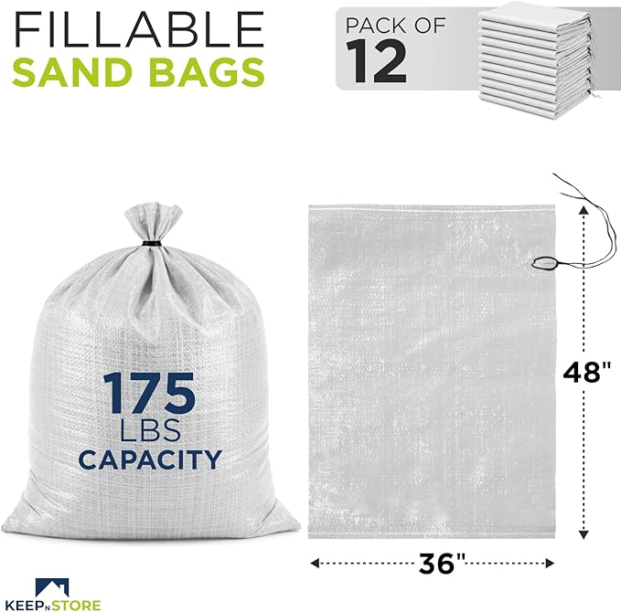 Heavy Duty Sand Bags Pack of 12, White Empty Sandbags with Built-In Ties, Woven Polypropylene UV Protection 1600 Hours, Fillable Bags for Flood Control, Weight, 36x48 inches, 175 Pounds Volume