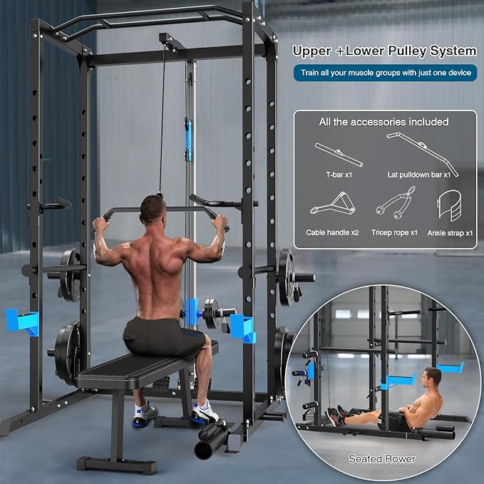 ULTRA FUEGO Power Cage, Multi-Functional Power Rack with J-Hooks, Dip Handles, Landmine Attachment and Optional Cable Pulley System for Home Gym